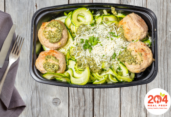 Keto | Turkey Meatballs with Zucchini Noodles & Pesto